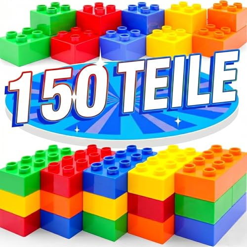 WYSWYG Grande set di mattoncini da costruzione, 150 pietre in 5 colori, compatibile – ideale per bambini dai 3 4 5 6 anni, codice standard, multicolore
