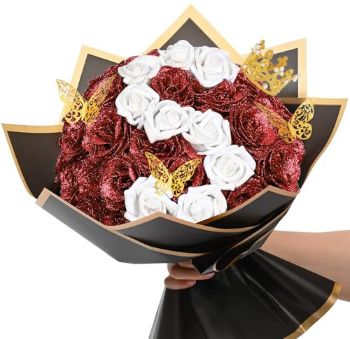 36+20 Glitter Roses Bouquet, DIY Fake Flowers Bouquet, Craft The Initials of Your Loves' Name with Artificial Rose Bouquet for Valentines, Anniversary, Wedding, Red & White