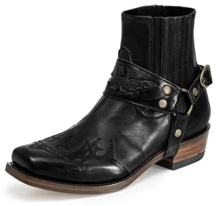 Mens Western Goth Cowboy Boots Fyrkantig Toe Ankel Klänning Stövlar Motorcykel Stövlar Metall Spänne Chelsea Boots,Black,44 EU