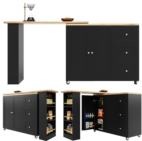 Bartisch Ausziehbarer Esstisch auf Rollen mit 3 Schubladen und 2 Türen, Moderner Küchentisch Sideboard mit Offene Stauraum und Snackhalter, Buffettisch Beistelltisch für Wohnzimmer Küche (Schwarz)