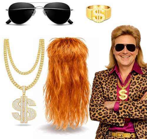 4-in-1 Vokuhila 80er & 90er Kostüm Set – für Kostüm zu Fasching & Karneval mit Assi Perücke Vokuhila, Goldkette Dollar & Brille & Goldring