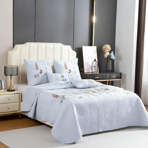 Colcha Boutí Bordada Cama 90 (180x260) para Verano y Entretiempo - 100% Microfibra Suave – Cubrecama Moderno Multiusos Ligero y Transpirable - Incluye 2 Fundas Cojín (1*60x60 + 1*30x50) (Delhi)