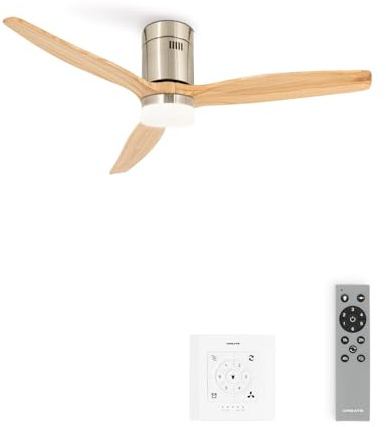 CREATE / WINDCALM NATURAL WOOD M/Deckenventilator mit Beleuchtung Nickel Hellesholzflügel mit Wandschalter und Fernbedienung / 40W, Timer, Ø132 cm, 6 Geschwindigkeiten, Sommer-Winterbetrieb
