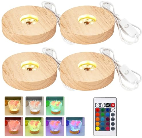 PORFOYO 4 Stück LED Sockel aus Holz, runde Leuchtsockeln mit Mehrfarbigem Licht für Acrylglas, Glasblock, Kristall, Harz, USB-Beleuchtete Displaybasis