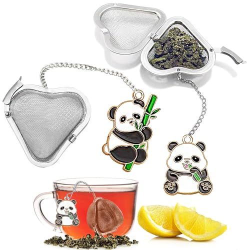 Tee-Ei für losen Tee, Edelstahl, herzförmige Teesiebe, lose Blätter, niedlicher Panda-Anhänger, Tee-Diffusoren für losen Tee, 2 Stück