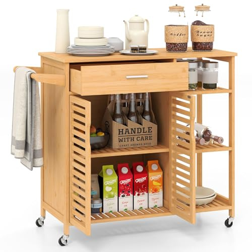 COSTWAY Köksvagn av trä och bambu, köksskåp med hjul, rullvagn med låda, öppna hyllor, handdukshållare, 2 lamelldörrar, för matsal, vardagsrum, 104 x 40 x 89 cm, natur
