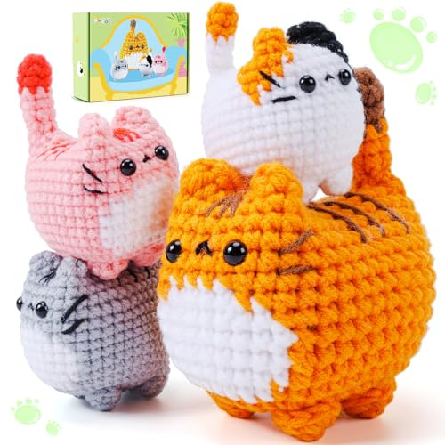 Fortuning's JDS Set di uncinetto con gatto per principianti Kit per lavori a maglia e uncinetto Animali Kit completo Uncinetto di gatti con filo, uncinetto, aghi, video di apprendimento passo dopo