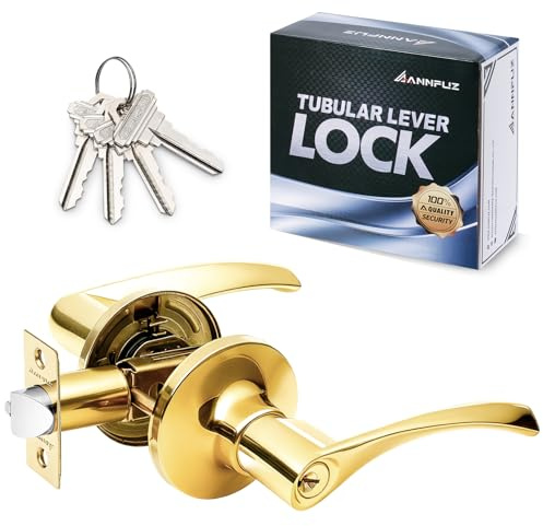 ANNFUZ Gold Entry Door Lever Handle Lock with Keys for Room/Office/Front Door,Entrance Interior Exterior Door Knob Hardware,Lockable,Not Keyed Alike,Reversible for Left/Right Side(Entry, Gold)