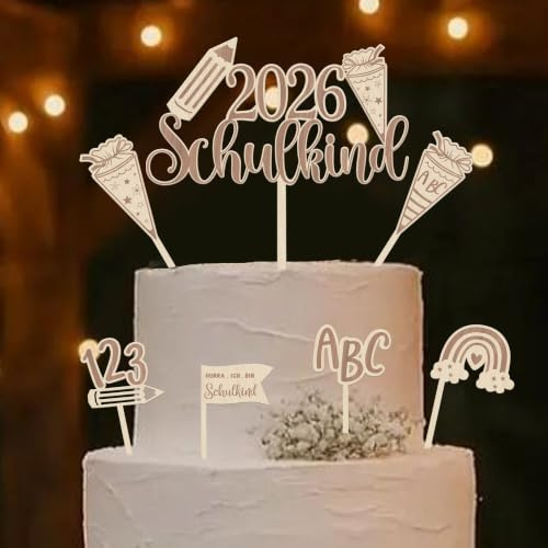 6 Stück 2026 Schulkind Tortendeko Holz Erste Klasse Bleistift Zuckertüte ABC Cake Toppers HURRA ICH BIN Schulkind Kuchen Deko für Junge Mädchen Einschulung Thema Party Kuchen Dekorationen