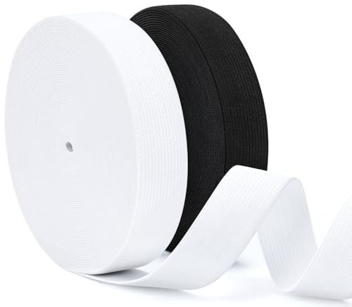 VynyQoo 25mm Elastiska för Sömnad, 2 Rullar à 12m Långa, Tjocka Elastiska Band, Vit Elastik och Svart Elastik för Hantverk, Sömnad, DIY Projekt och Kläder