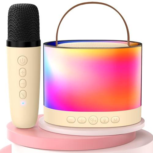 JYX Karaoke-Maschine D23-Beige mit 2 Mikrofonen für Kinder und Erwachsene, tragbarer Bluetooth-Lautsprecher, kabellos