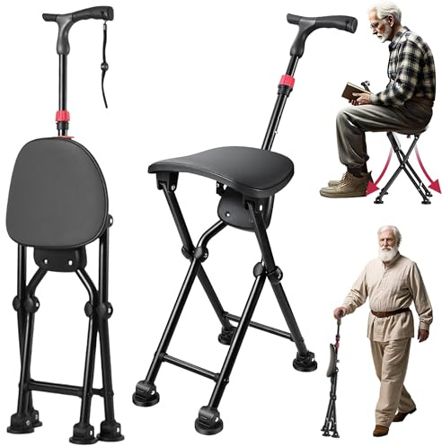 ALEVMOOM Walking Stick with Seat, Capacity 320lbs Foldable Stick Seats for Adults, Adjustable Height 79-91cm Portable Chair for Seniors