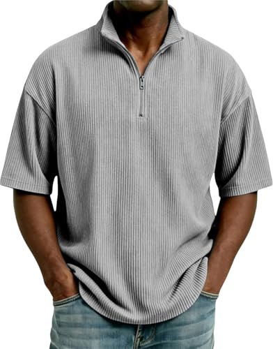 Polo da uomo a maniche corte con cerniera a un quarto e collo alto, felpa taglie forti pullover casual texture pullover maglione sciolto golf tee top, Grigio, 4XL