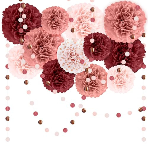 Seidenpapier Pompons Deko 15-teilig, Weinrot Bordeaux Altrosa Papierblumen Ponponbälle & Girlande, Vintage Pompoms für Hochzeitsdeko, Geburtstag, Valentinstag, Muttertag, Herbst Party