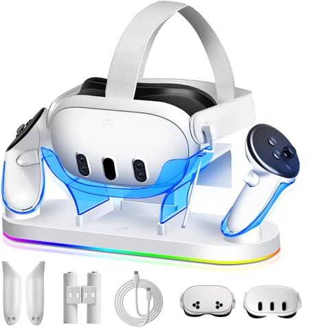 TicEaik Charging Dock for Meta Quest 3/3S, 18W Fast Charger with 2 Rechargeable Batteries, 8 LED Lighting Modes, USB-C Charging Accessory, Charging Stand for VR Headset and Controller
