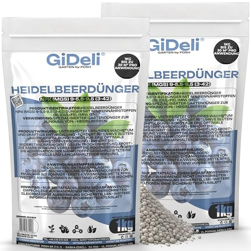 GiDeli Heidelbeerdünger 2 x 1 kg - Hortensiendünger & Rhododendron Dünger | portionsweise für mehrere Standorte, mit Magnesium und Schwefel, nährt bis zur Ernte, streufertiges Korn