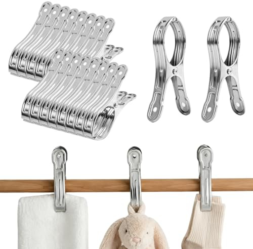 20 Pinzas Grandes de Acero Inoxidable,Pinzas Ropa,para Toallas de Playa y Tumbona, Pinzas Multiusos para Ropa,Edredones, Sábanas y Secado, Resistentes, Antióxido y Fáciles de Usar