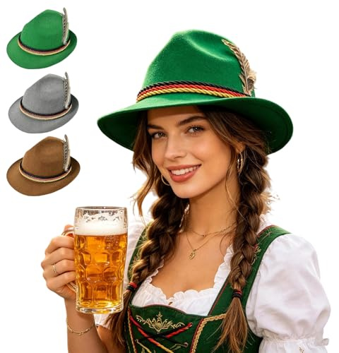 Traditioneller Oktoberfest Hut für Damen & Herren, Klassischer Trachtenhut mit Feder & Kordel in Deutschland-Farben für Oktoberfest, Volksfeste, Mottopartys und Karneval (Grün)