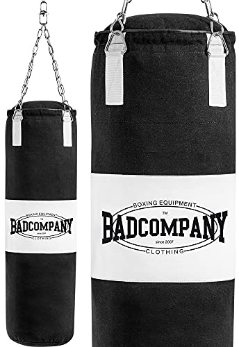 Bad Company Boxsack inkl. Heavy Duty Stahlkette I Canvas Punching Bag mit PVC-Target, gefüllt/ungefüllt I 100 x 30 cm I 120 x 30 cm - Schwarz/Weiß