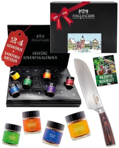 Hallingers Genuss Manufaktur Gewürz Adventskalender - 24 Gewürze aus aller Welt in edler Box mit Rezept-Booklet Winterkalender ... Bundle mit Premium Santoku-Messer, Weihnachtskalender für Frauen