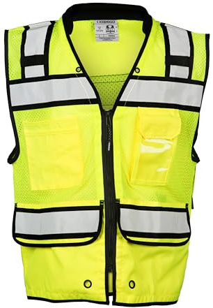 Kishigo Men's High Visibility Reflective High Performance Surveyors Vest S5004, Zipper Closure, Polyester, ANSI 107 Type R/Class 2, Multiple Pockets for Tools and Equipment Storage (Lime, 2X)