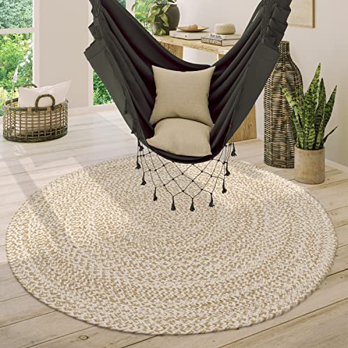 Paco Home Teppich Rund Wohnzimmer Jute Boho Ethno Muster Modern Handgefertigt Naturteppich, Grösse:120 cm Rund, Farbe:Beige