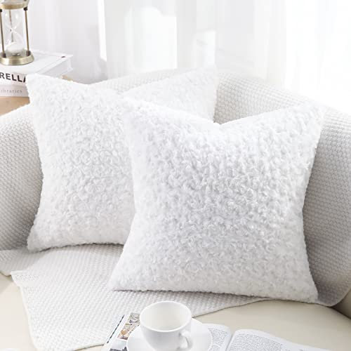 decorUhome Set of 2 Fur Cushion Covers Decorative Faux Fur Plush Fluffy Square Neutral Fur Pillow Case for Sofa, Pure White, 22 x 22 inch/55x55cm