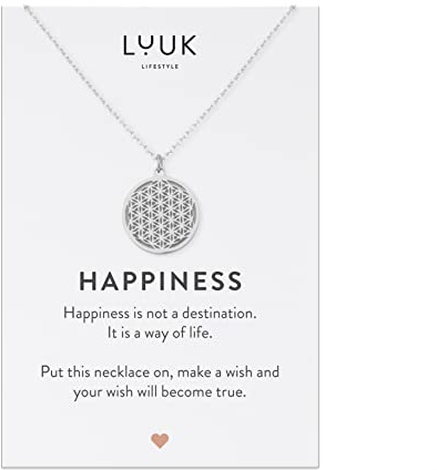 LUUK LIFESTYLE Collar de filigrana con colgante de flor de la vida y tarjeta HAPPINESS, acero inoxidable, regalo para mujeres y niñas, diseño sencillo y delicado, (50 cm ca.), cadena de amistad, plata