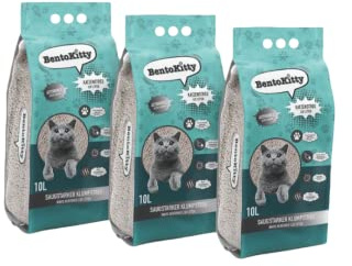 BentoKitty Katzenstreu (30L, 3er Pack) mit Aktivkohle, Klumpend, weiß, feinkörnig, Klumpstreu aus Bentonite, für Sensitive Katzenpfoten geeignet, Saugstark, Geruchsbindend