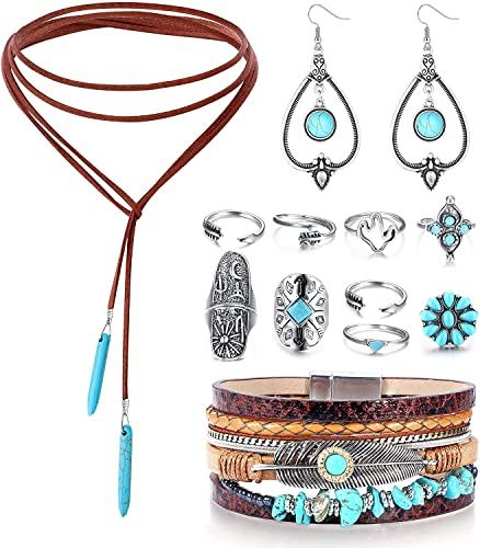ORAZIO 13 STÜCKE Bohemian Türkis Schmuck Anhänger Wildleder Lange Chokerhalskette Vintage Türkis Statement Ohrringe Boho Leder Manschettenarmband mit stapelbaren Knöchelringen Set für Frauen