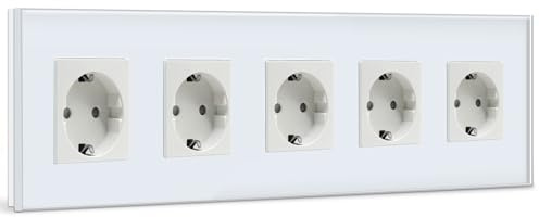BSEED Schuko Steckdosenleiste 5 Fach - Kristall Glas Platte Fünffach Steckdose 16Amp 370mm Weiß - Verlängerungssteckdosen Mehrfachsteckdose Wandsteckdose