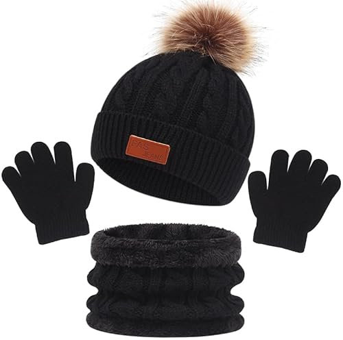 LINSOCLE 3in1 Kinder Wintermütze Schal Handschuhe Set,Jungen Winter Beanie Hut Schal Handschuhe Set für Kinder 2-6 Jahre