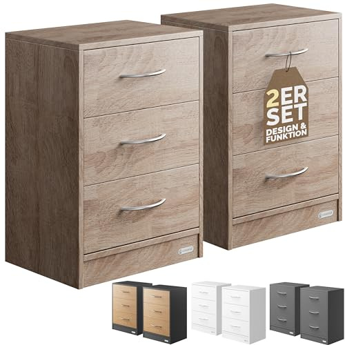 Casaria® Nachttisch 2er Set 54x39x28cm Holz 3 Schubladen Boxspringbett Schlafzimmer Wohnzimmer Beistelltisch Nachtschrank Nachtkästchen Tisch Eiche
