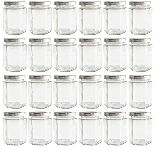 GPK4ALL 8oz Jam Jars with Silver Lids, Pack of 24 Sets, Reusable Hexagonal Canning Storage for Preserves, Jelly, Herbs, and Spices, Clear Glass