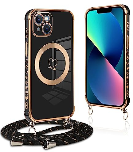 Pnakqil Handykette für iPhone 13 Hülle mit Band, Kompatibel mit MagSafe, Handyhülle Ultra Dünn Silikon Magnetisch mit Herz Love Muster Schutzhülle mit Kordel für iPhone 13 6.1 Zoll, Schwarz