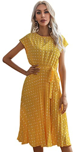 TOBILE Klänning chiffong kvinnor strand solklänning kortärmad prickigt tryck Vestido A-linje blommig elegant hög midja veck casual midi-klänningar