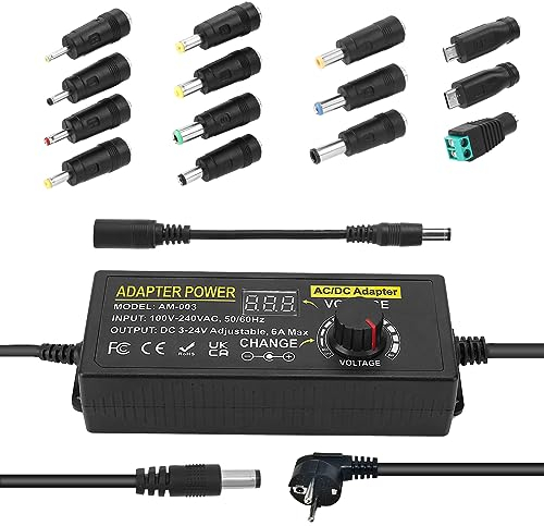 144W Universal Einstellbares Netzteil Adapter 100V-240V AC to DC 3V-24V 6A Konverter Netzteil, Einstellbarer Netzadapter mit 14 Tipps & Polaritätskabel-6A Max