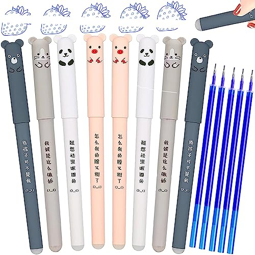Artbiu 8 Blue Erasable Pens, 0.35mm Rub Out Pens With Eraser, Erasable Gel Ink Pen With Rubbers on End for Writing