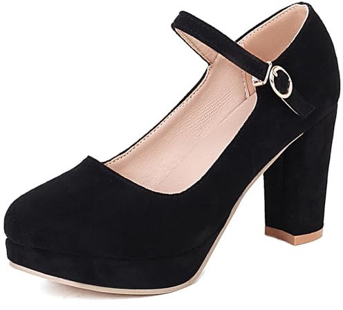 Damen Blockieren Ferse Mary Jane Schuhe, Höhe Ferse Pumpe Runde Zehen Schnalle Kleid Pumps mit Plateau Elegant Abendschuhe Vvbssa Schwarz Gr 33 EU
