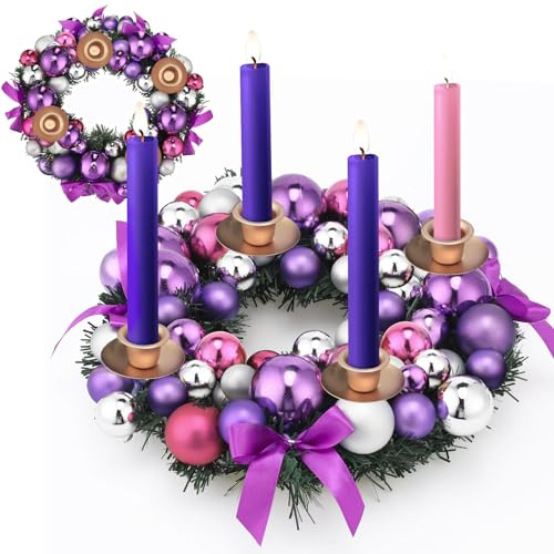 Meooeck Purple Ribbon Advent Wreath Set Calendar Season Candle Holder Catholic Christmas Advent Wreaths Centerpiece Decor with Ribbons and Balls Gifts Xmas Candles Decorations