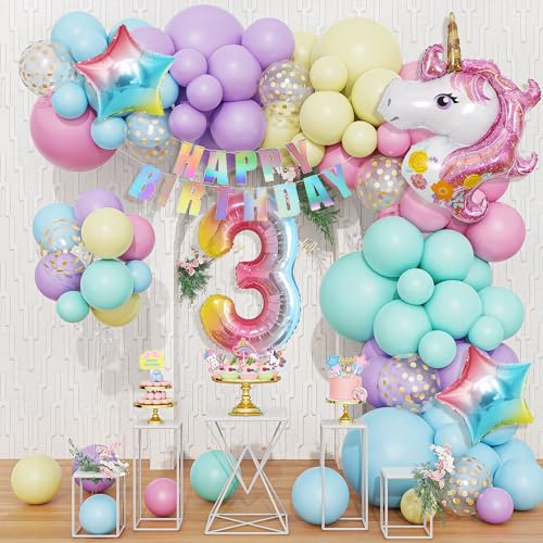 115 Stück 3rd Einhorn Ballons Geburtstagsdekoration Mädchen Pastell Macaron Luftballon Girlande Arch Kit, Rosa Lila Confetti Latexballons mit Folienballon Zahl 3rd Kuchen Topper Happy Birthday banner