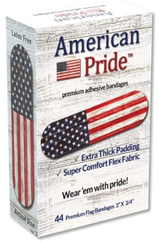 American Pride Premium Adhesive Bandages – Strong Comfortable Flex Fabric, Thicker Padding for Extra Protection & Absorbency. Reliable Sticking Power. USA Patriotic Vintage American Flag. 24 Ct Box