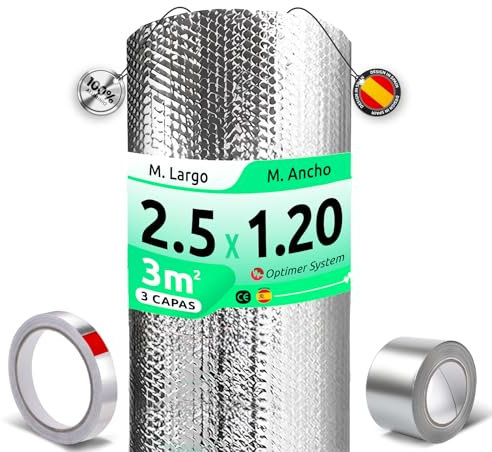 AISLANTE TERMICO MULTIUSOS PREMIUM| Reduce el Frio y el Calor |100% ALUMINIO|Aislante Termico para Ventana, Pared, Suelo, Techo, Coche, Garaje [ 1.20 X 2.5m ] (3m²) + 2 cintas adhesivas