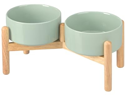 SPUNKYJUNKY Ciotola in Ceramica Rialzata per Cibo e Acqua con Supporto in Bambù per Cani di Taglia Media e Grande (850 ml, Verde Chiaro)