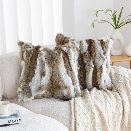 Genuine Rabbit Fur Throw Pillow Covers Set of 2, Luxury Decorative Pillowcases Soft Fluffy Animal Skin Accents Square Cushion Cover for Couch Sofa Bedroom Living Room Home,18x18 inch, Yellow White