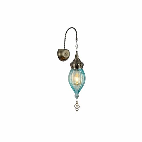 TEKLED Moroccan Style Antique Brass Glass Oriental Wall Light | E27 Bulb Base | for Bedrooms Living Rooms Dining Halls Hallways Porches Lobbies Cafes Restaurants | Blue (Bulb not Included)