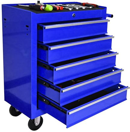 BouPower 5 Drawer Tool Chest, Multi-Functional Handles, Adjustable Shelves, Secure Locking System, Heavy-Duty Wheels, Ideal for Garage, Workshop - X-1102-ALL