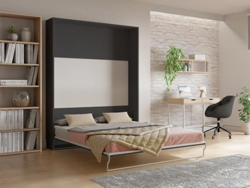 Vente-unique-Schrankbett + Matratze - 160 x 200 cm - Manuelle vertikale Öffnung - Anthrazit & Holzfarben - Malina II