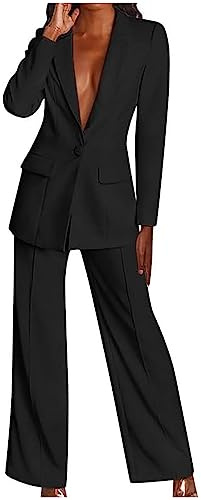 Blazer Suit Set Women Sale 2 Piece Suits for Women Plus Size Button Long Sleeve Jacket Long Pants Solid Color Two Piece Outfits Lapel Outerwear Blazer and Trouser Suits Ladies Sets Black