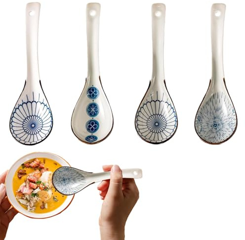Vastsea 4 Stück Retro Muster Ramen Löffel, Keramik Suppenlöffel, japanische Suppenlöffel, für Pho Wonton Ramen Nudeln